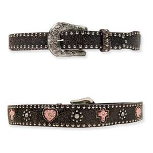 Nocona Girls Western Studded Heart Cross Embellished Leather Belt Size 22